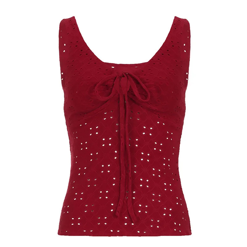 Red Lace Up Cut Out Womens Tanks Sleeveless V-Neck Backless Exquisite Blouses Summer Trendy 250515