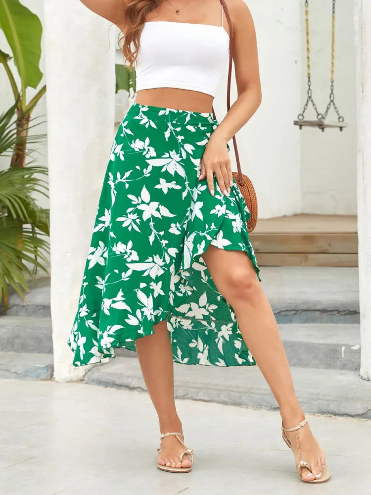 LaceUp High Waist Floral Print Skirt For Women Summer Beach Boho Irregular A Line Casual Fairycore Midi Skirts Female 250515