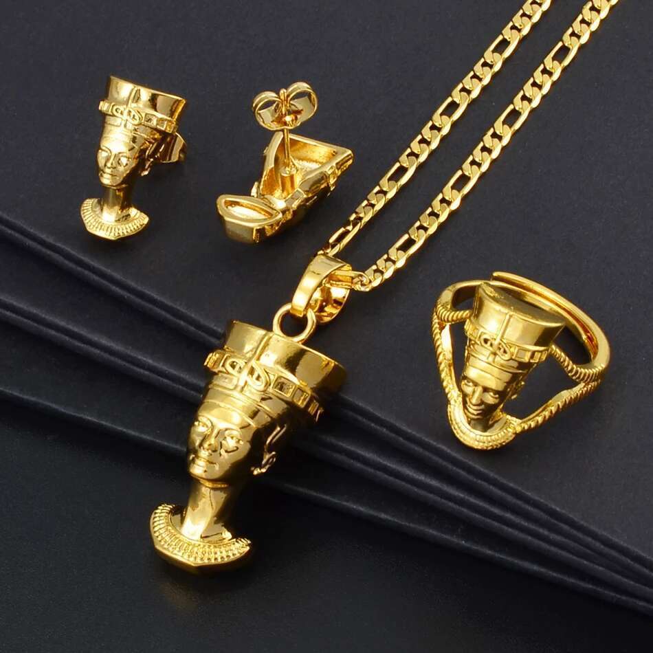 Anniyo Egyptian Queen Nefertiti Sets Pendant Necklace Stud Earrings Ring African Traditional Culture Jewelry #244206