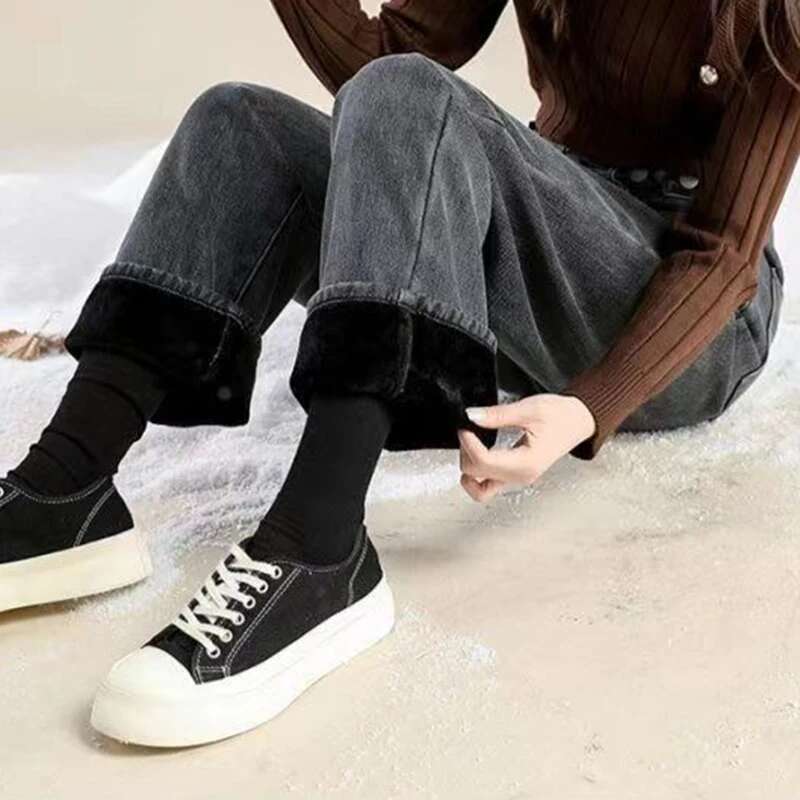 Woman High Waist Streetwear Thicken Jeans Female Fashion Baggy Pants Lady Black Grey Light Blue Punk Thermal Denim Trousers Designer