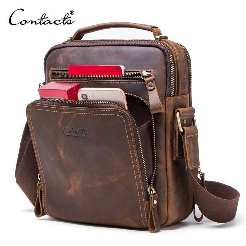 Contact's Crazy Horse Leather Men's Shoulder Vintage Messenger Men Bolsos Male Crossbody Bags Man's Handbag Sling Bag