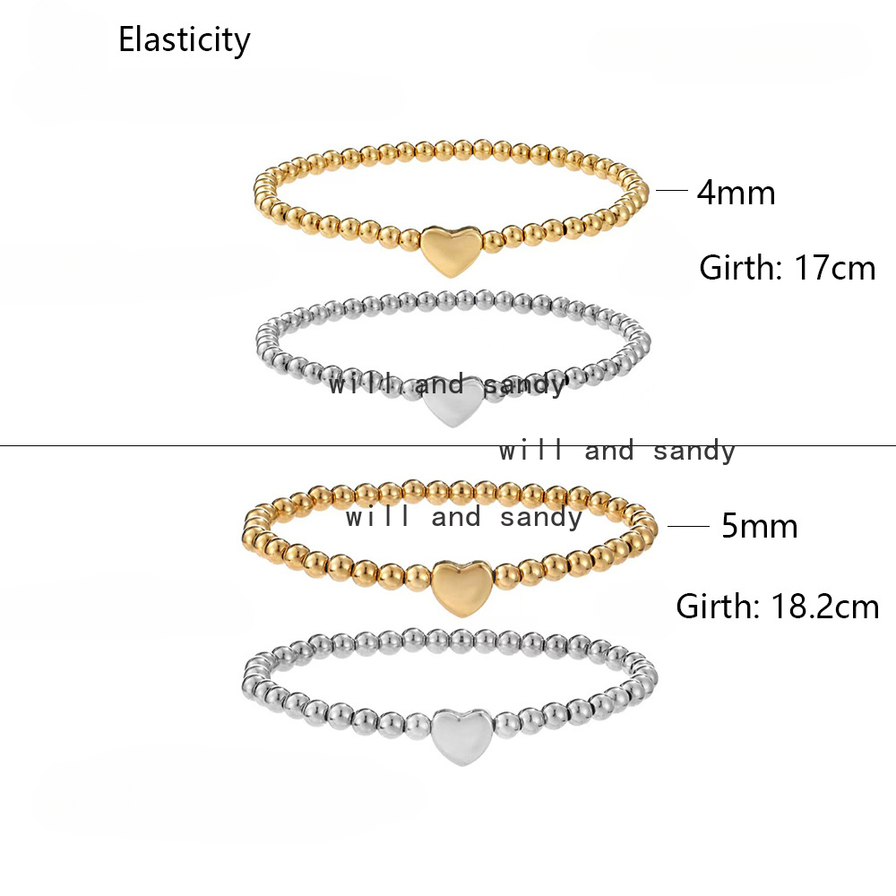 Non Tarnish Stainless Steel Beads Love Heart Charm Bracelet 18k Gold Plated Elastic Strand Bracelets Wristband Cuff for Woman Man Gift Fashion Designe