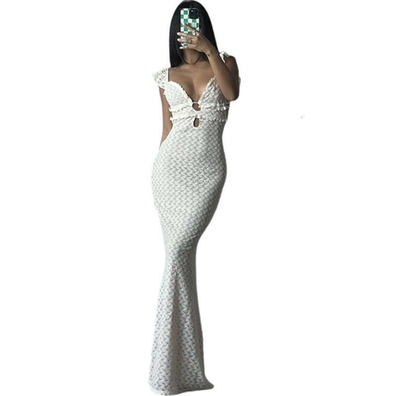 White Dress Maxi Dress 2024 Spring/Summer Women's New INS Pure Desire V-Neck Open Back Lace Up Hollow Fit Dress For Women KQ