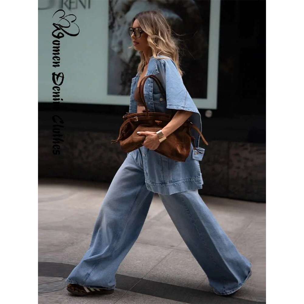 Women Oversized Denim Two Piece Set Trendy Loose Fit Jacket Matching High Waist Wide Leg Baggy Jeans Chic Streetwear Outfits