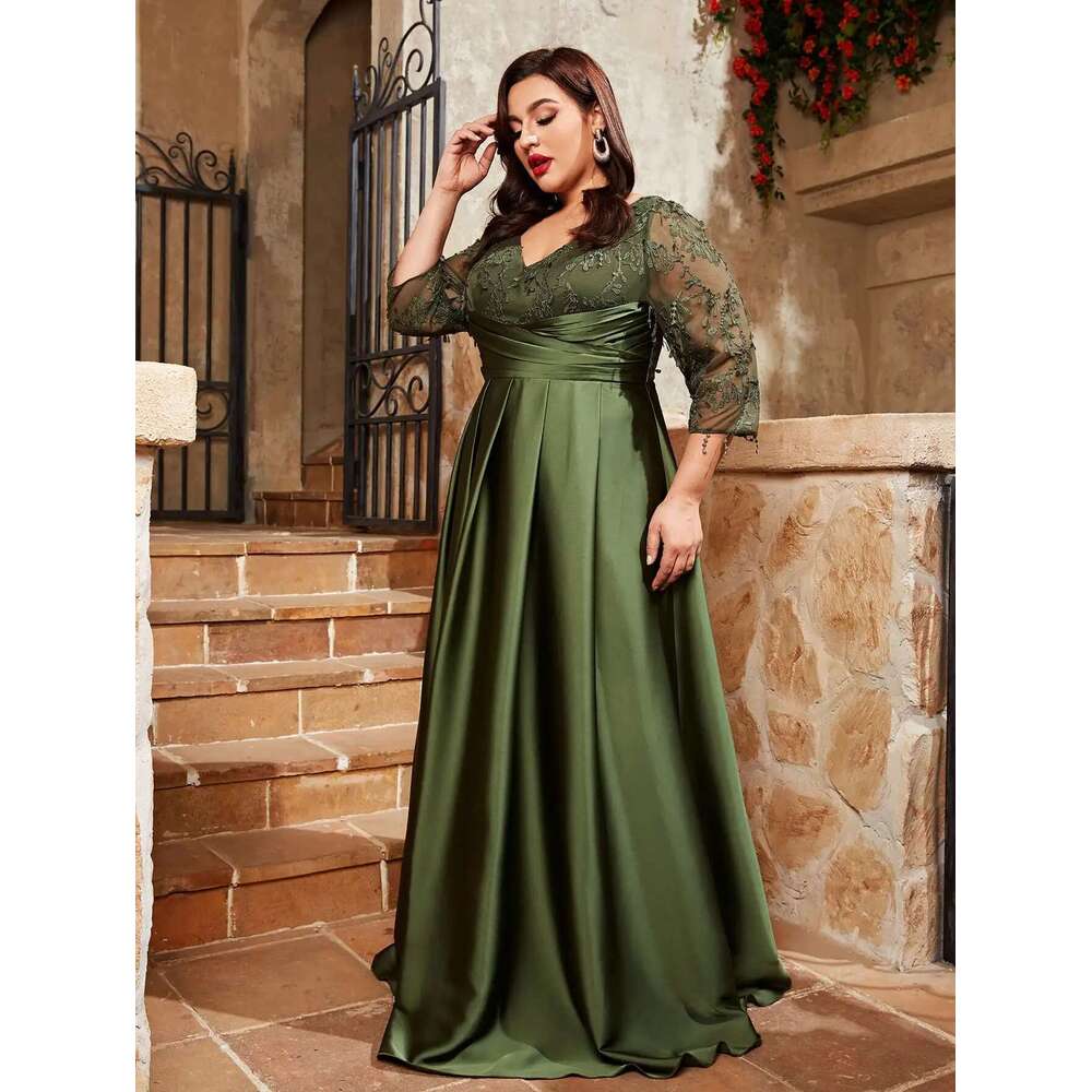 Mgiacy plus size V-neck lace embroidery Mosaic satin cloth hand-folded long skirt Evening gown ball Party dress