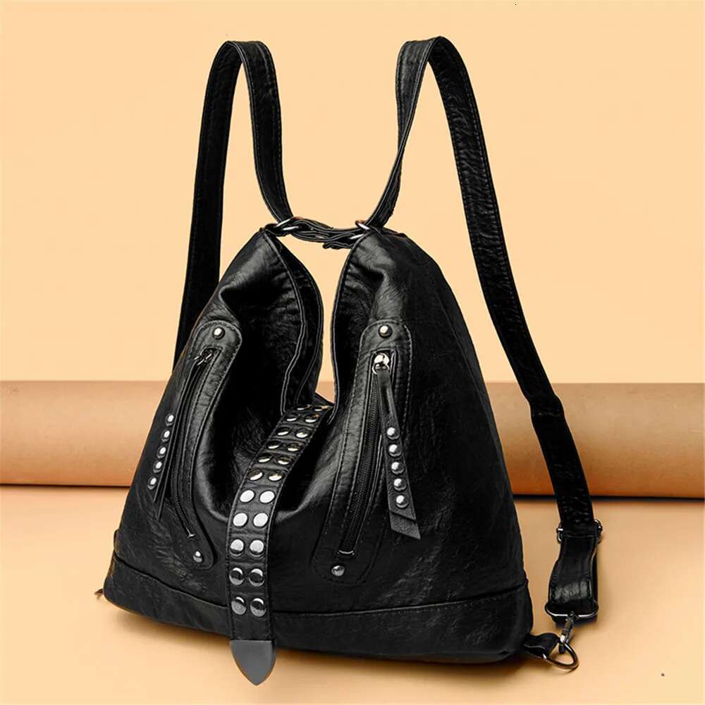 Women's Brand Backpacks Vintage Soft PU Shoulder Bags Women Rivets Designer Backpack Large Capacity School Bag Female