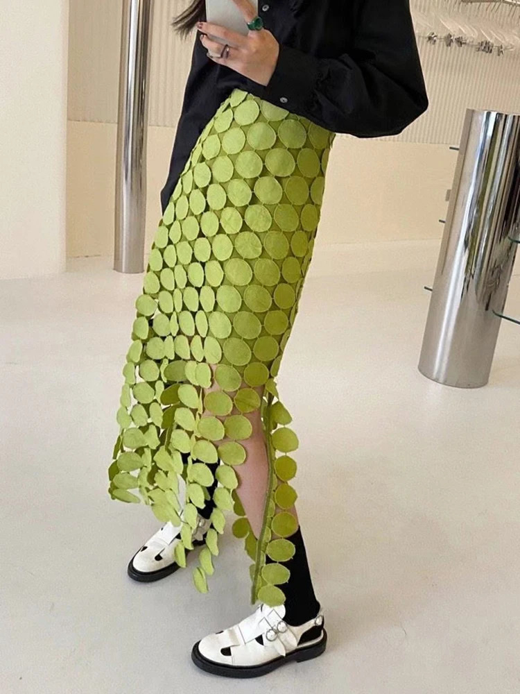 TWOTWINSTYLE Cut Out Skirt For Women High Waist Patchwork Tassel Irregular Hem Solid Midi Skirts Female Summer Clothing Style 250515