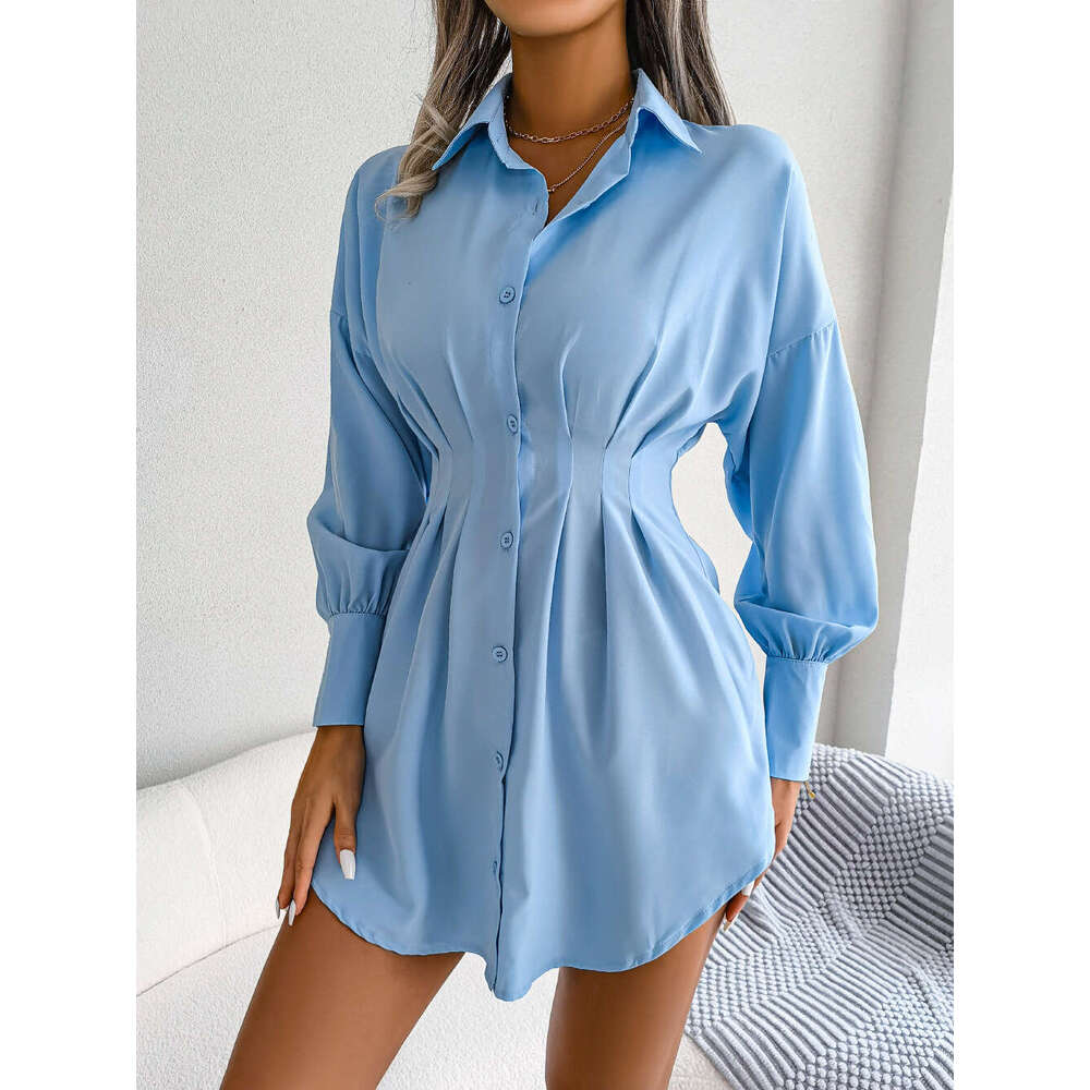 Ins style real-life photos of spring and summer lantern sleeves, waist cinched asymmetrical dress, shirt skirt, women's clothing, 2025 new casual