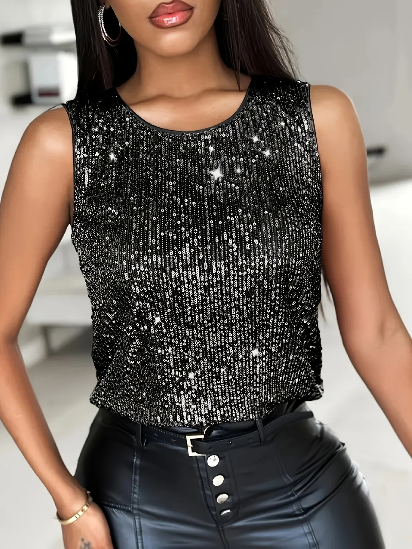 Plus Size Womens Sequined Tank Top Elegant Round Neck 100% Polyester Suitable for Parties and Formal Events Hand Wash Only 250515