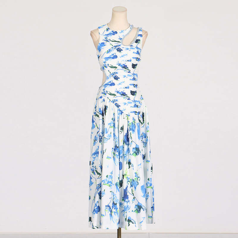 Elegant temperament, waist cinching and slimming long dress, 2025 summer new sleeveless design, hollowed out printed dress for women