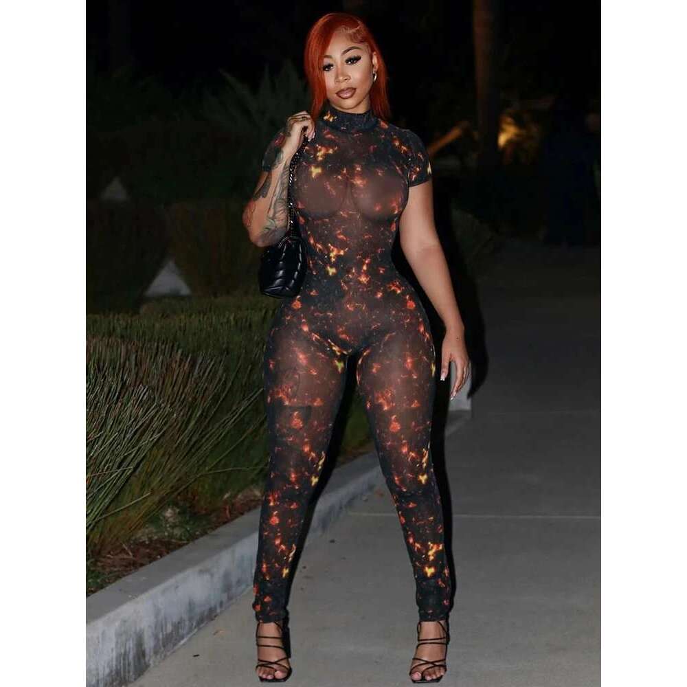 Nibber Colorful Print Jumpsuit Women Mesh See Through Coquette Summer Backless Peach Buttocks Tight Activity Clubwear Overalls