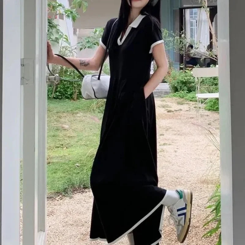 Plus Size Office Ladys Elegant Black Dress Short Sleeve Loose Pleated Midi Casual Matching Vintage Hepburn 250506
