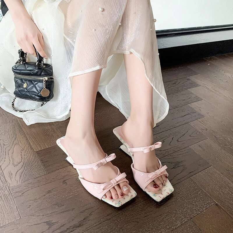 Women's Summer New High Heels Square Head Open Toe Bow Sandals Casual Fashion Sweet Anomalous Slippers