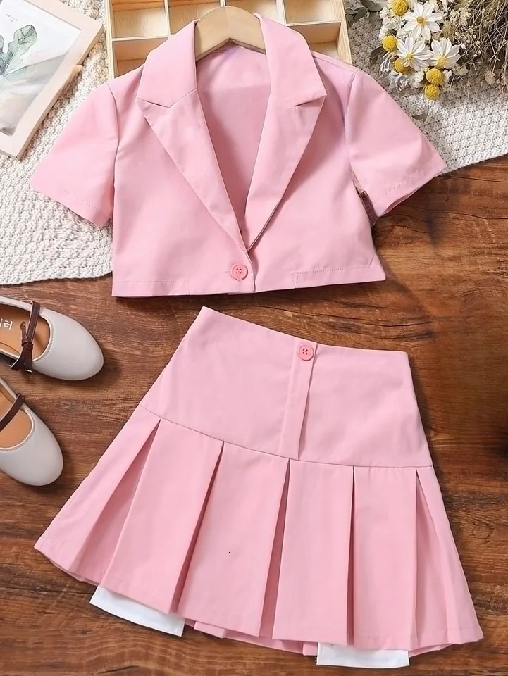 Fashion summer girl niche chic small suit jacket solid color pleated skirt A-line high-waisted I-line skirt two-piece set 250515
