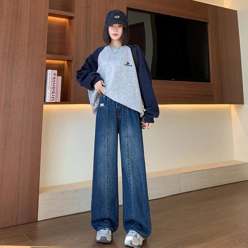 L - 6XL Plus Size Woman High 2025 Spring Elastic Waist Wide Leg Loose Denim Pants Streetwear Blue Color Jeans Women