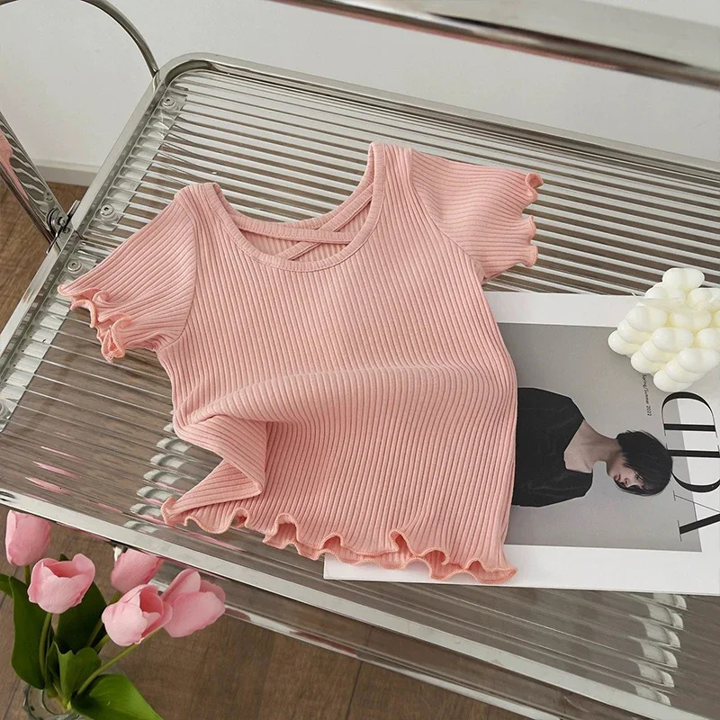 Girls T-shirts Summer Short-sleeve Tops for Kids Solid Color Children Blouse Fashion Baby Tees Toddler Outfits Clothing 250515