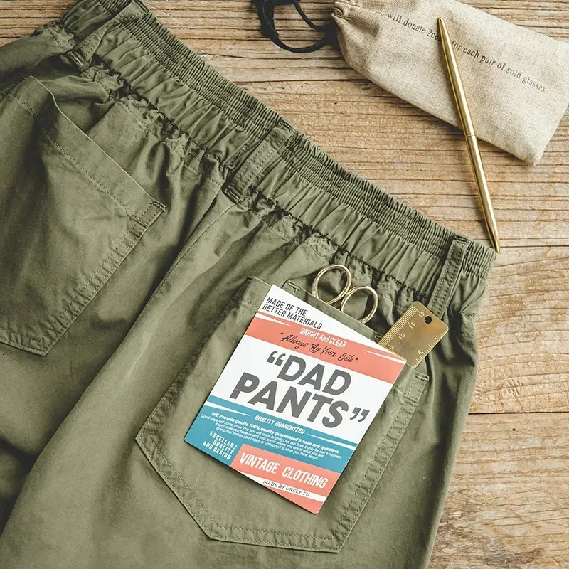 Maden Mens Casual Cotton Dad Pants Regular Straight Fit Solid Khaki With Elasticated Waist 4 Colors 250515