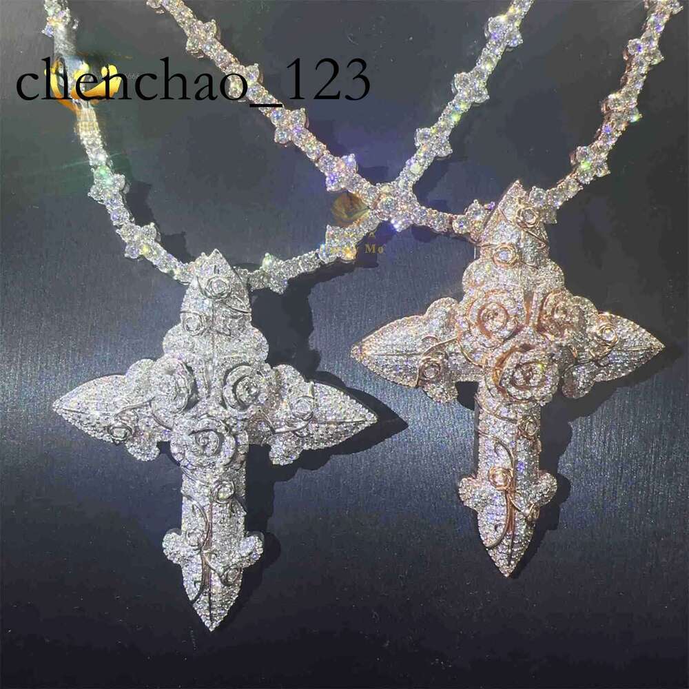 In Stock Fashion Man Jewelry Gold Color Hip Hop S VVS1 Moissanite Dia Rose Flower Cross Pendant Necklace Set