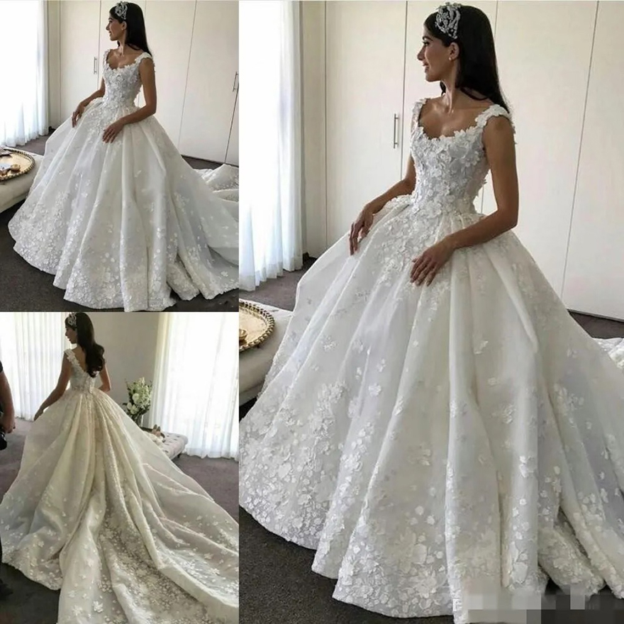 Dresses 3D ral Applique Ball Straps Custom Made Chapel Train Covered Buttons Back Wedding Gown Vestido De Novia