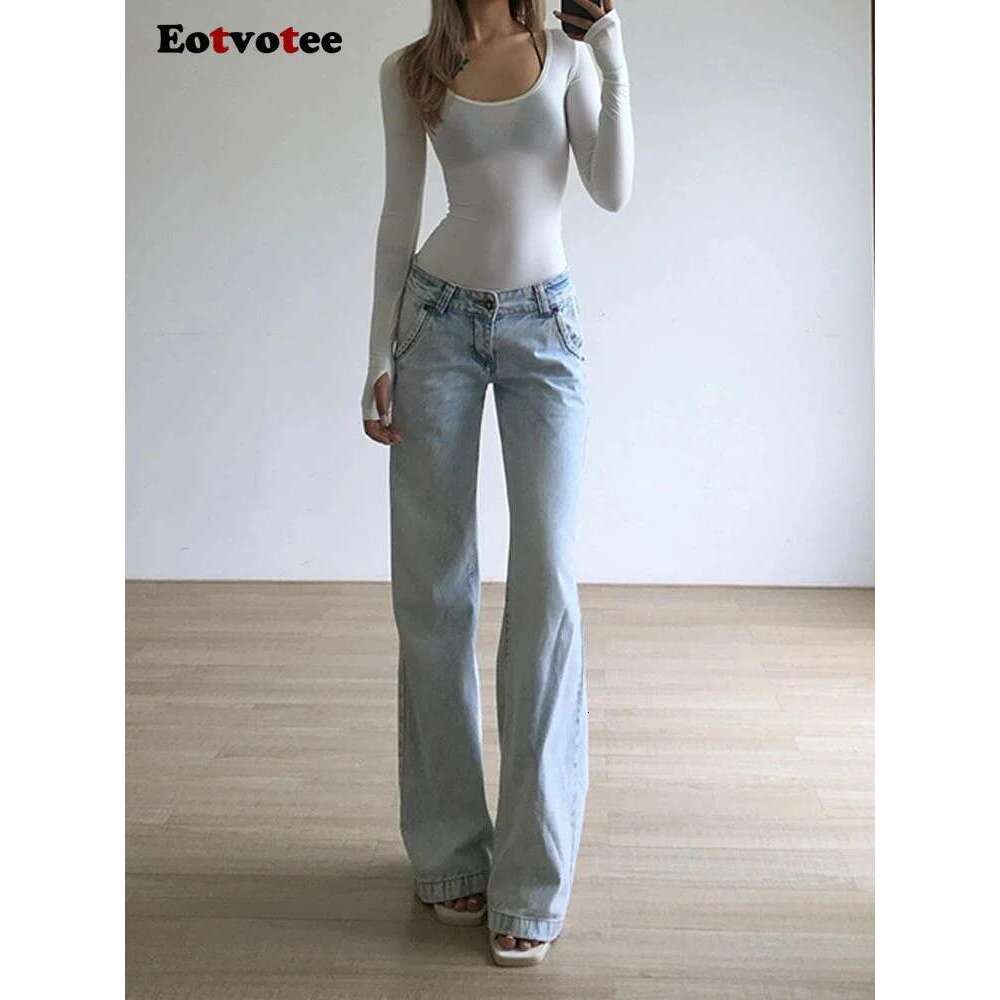 EOTVOTEE Vintage Blue Low Waist Jeans For Women American Streetwear Fashion Button Pockets Full Length Y2k Straight Pantalons Designer