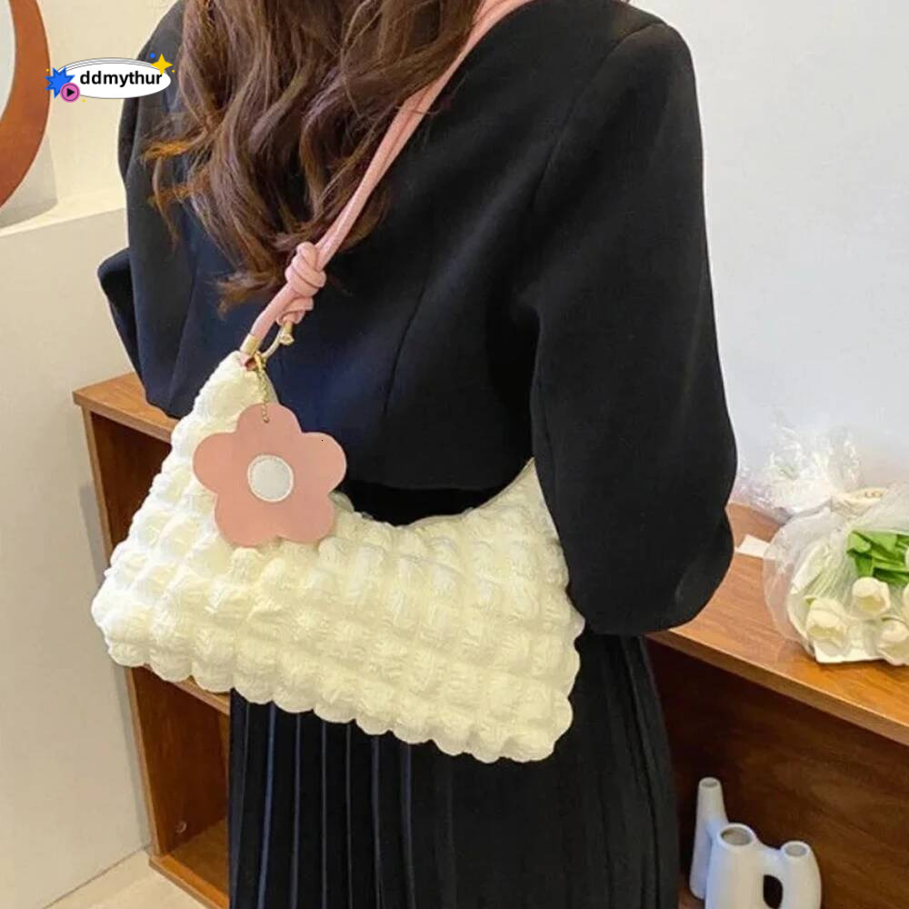 Korean Soft Bubbles Handbags for Woman Girls Flower Pleated Cloud Underarm Pouch Casual Shoulder Bag Cute Purse ddmythur