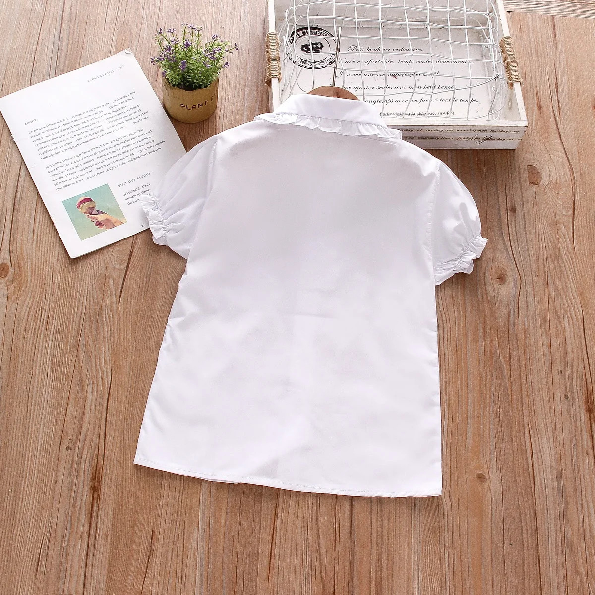 Summer Baby Girls Shirt Lace Button Fold Bubble Sleeve Solid Color White Shirt With Simple Shirt Casual Style 250515