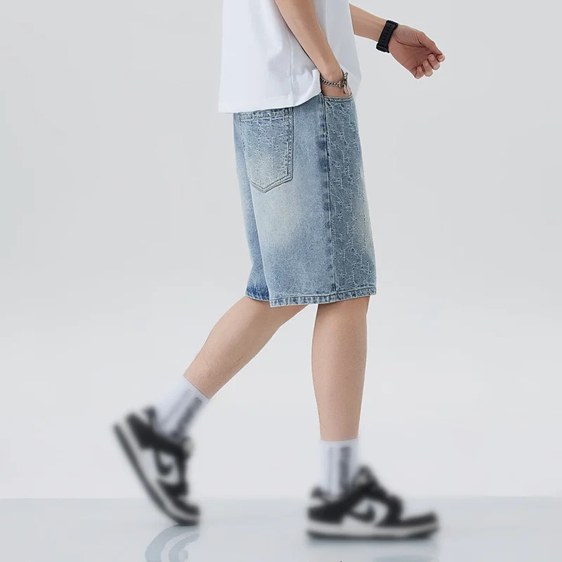 Korean Style Vintage Mens Jeans Summer Loose Male Wide Leg Knee Length Shorts Washed Fashion Short Denim Pants 250515