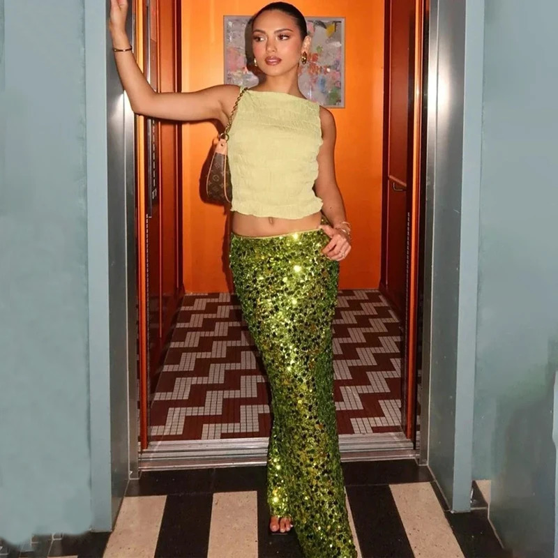 Party Green Shiny Skirts For Women High Waist Fashion Sequin Patchwork Long Femme Trendy Skirt Clubwear 250515