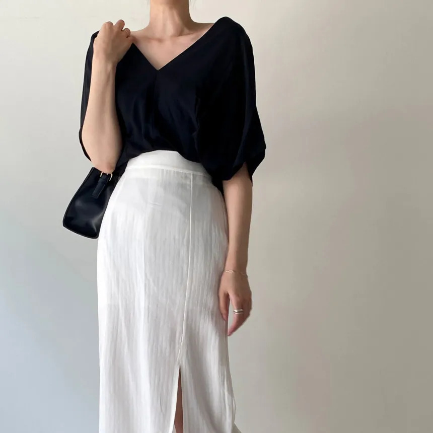 REALEFT Spring Summer Half Sleeve Womens Vneck Blouses Casual Loose Elegant Front Split Shirts Tops Female 250515