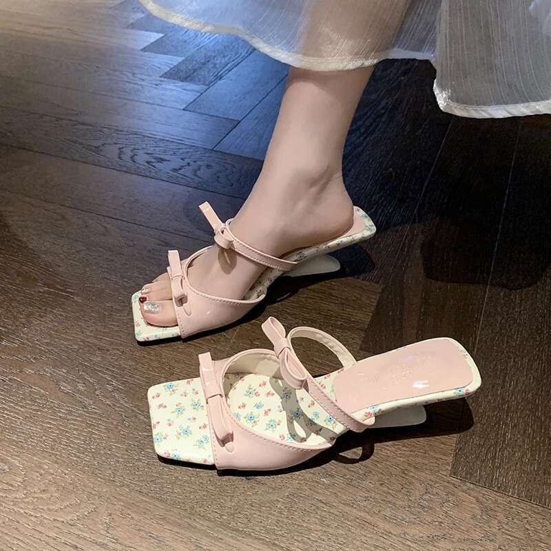 Women's Summer New High Heels Square Head Open Toe Bow Sandals Casual Fashion Sweet Anomalous Slippers