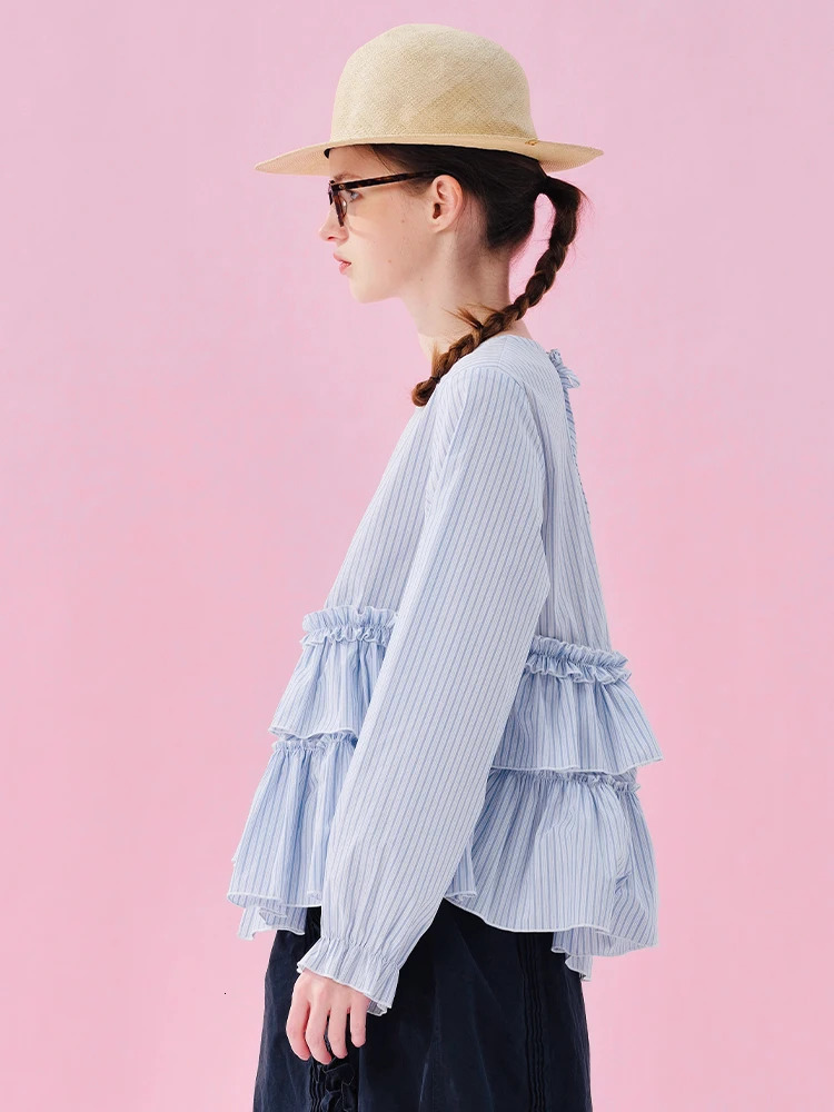 imakokoni Japanese shirt spring cotton washed blue and white stripe lace irregular n pullover top 250515