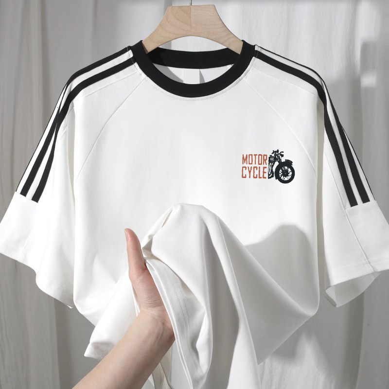 2025 New Men's T-shirt Pure Cotton Round Neck Designer Loose Solid Color White Base Clothing