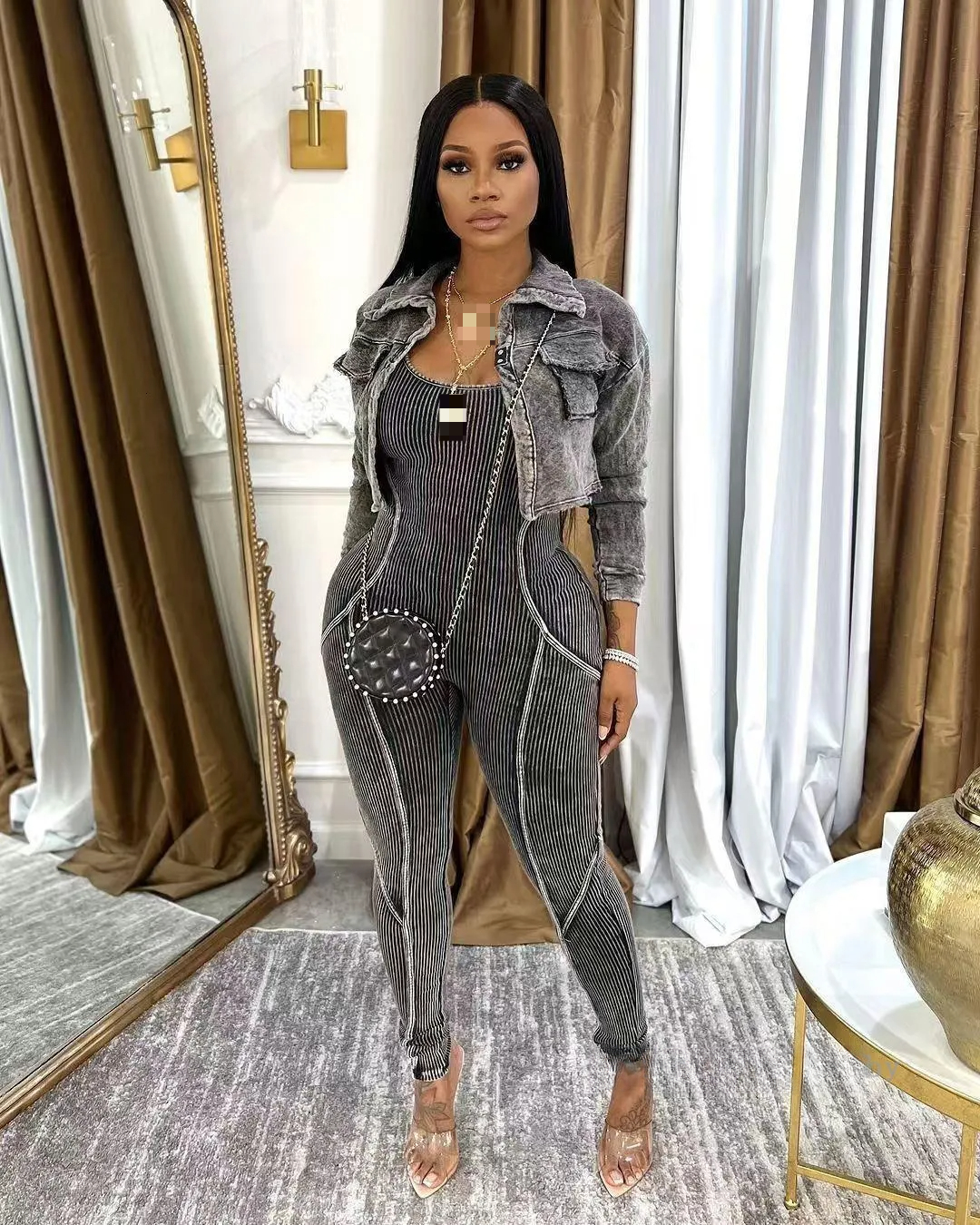 Fashion Two Piece Set Women Sexy Tights Jumpsuit Sets Full Sleeve Bomber Coat Vintage Casual Fitness Tracksuit