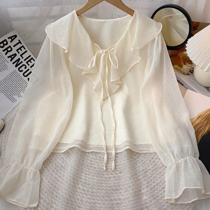 Lucyever Casual Ruffles VNeck Shirt Women AllMatch Loose Bow Patchwork Blouse Ladies Spring Summer Long Sleeve Shirts 250515