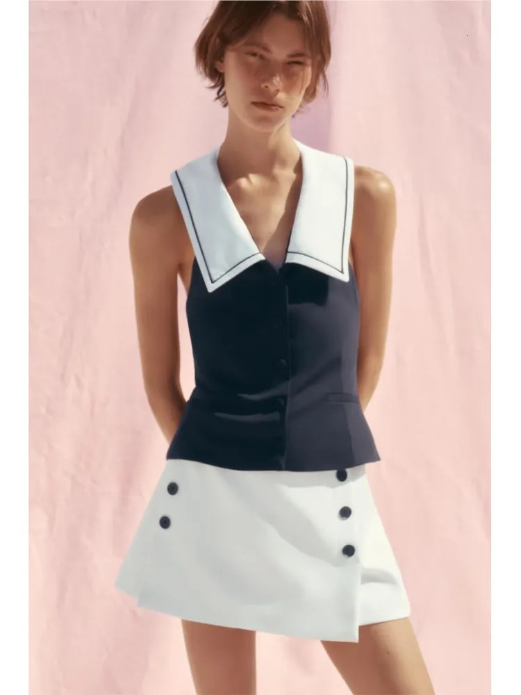 TRAF High Waist Skirt Set Women 2 Piece Patchwork Piping V Neck Waistcoat Skort With Buttons Two Outfit 250515