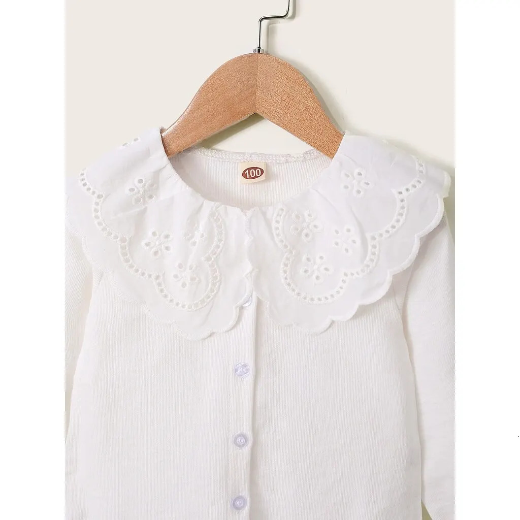 Kids Girl 1-6Y Button T Shirt Hollow Lace Collar White Long Sleeved Lovely Korean Version Top Autumn Toddler Girl Clothes 250515
