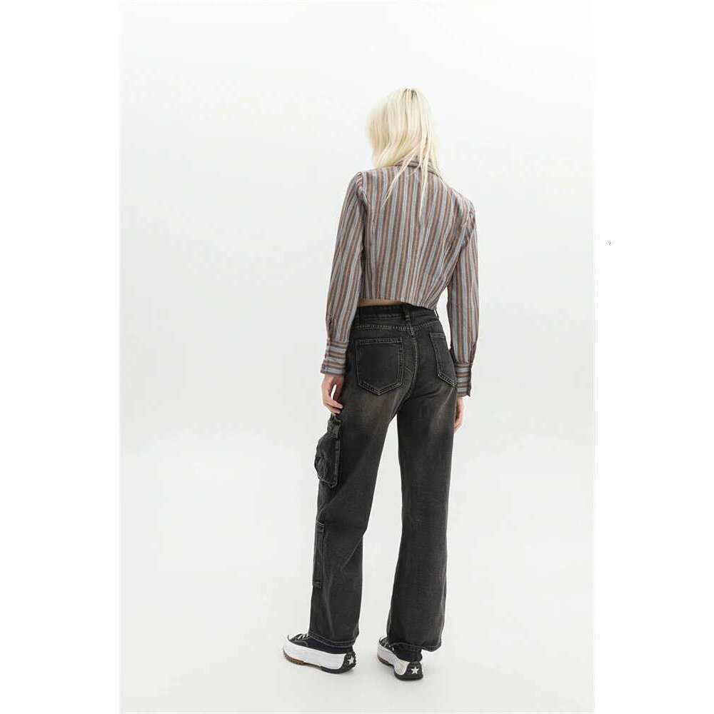 Women's Black Gothic Cargo Jeans Vintage Korean 90S Aesthetic Y2k Denim Trousers Haruku High Waist Cowboy Pants 2000S Clothes Designer
