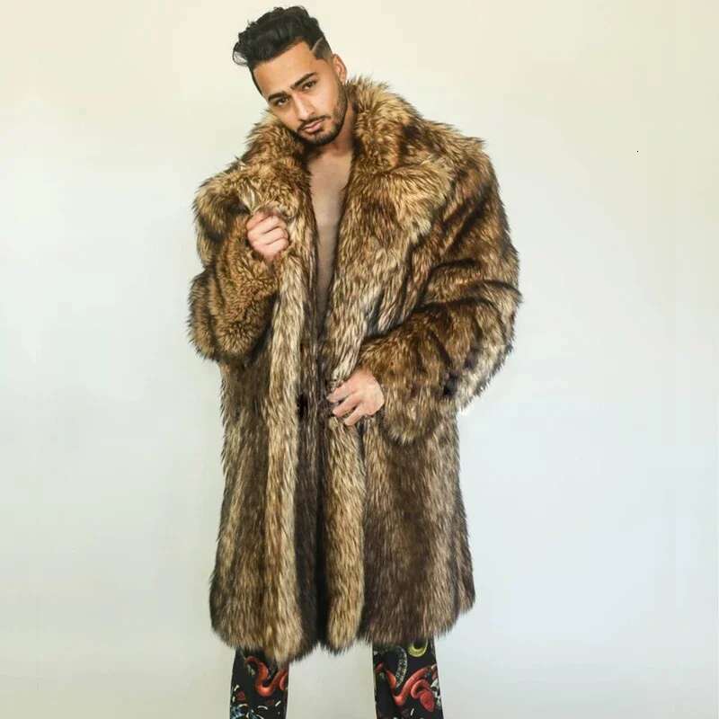 Men's Winter Warm Artificial Raccoon Fur Coat Loose Casual Mid-Length Leather Clothing