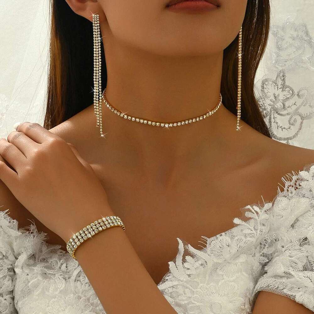 4Pc Women's Trendy Claw Chain Multi Row Tassel Earrings Necklace Bracelet Jewelry Set Wedding Banquet Party Holiday Gift