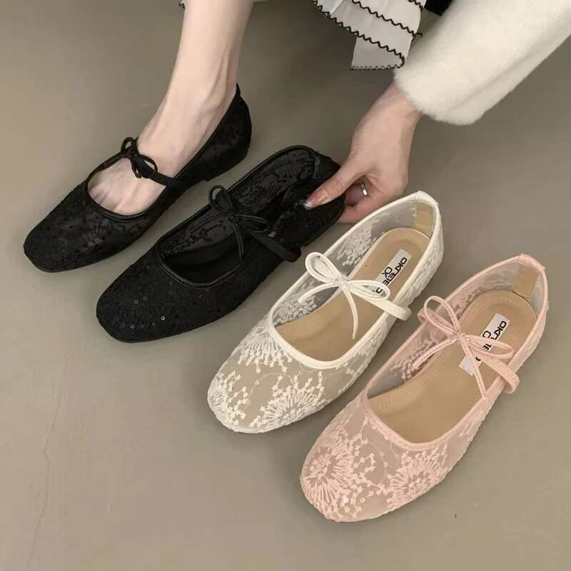 Mesh Ballet Flat Women Embroidery Soft Sole Bowknot Fashion Footwear Female Hollow Comfort Designer Brand Mary Jane Shoes