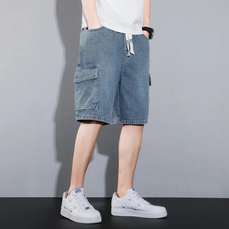 Summer Trendy Denim Shorts Mens Large Size Loose Straight Multipocket American Retro Casual Trousers M5XL 250515