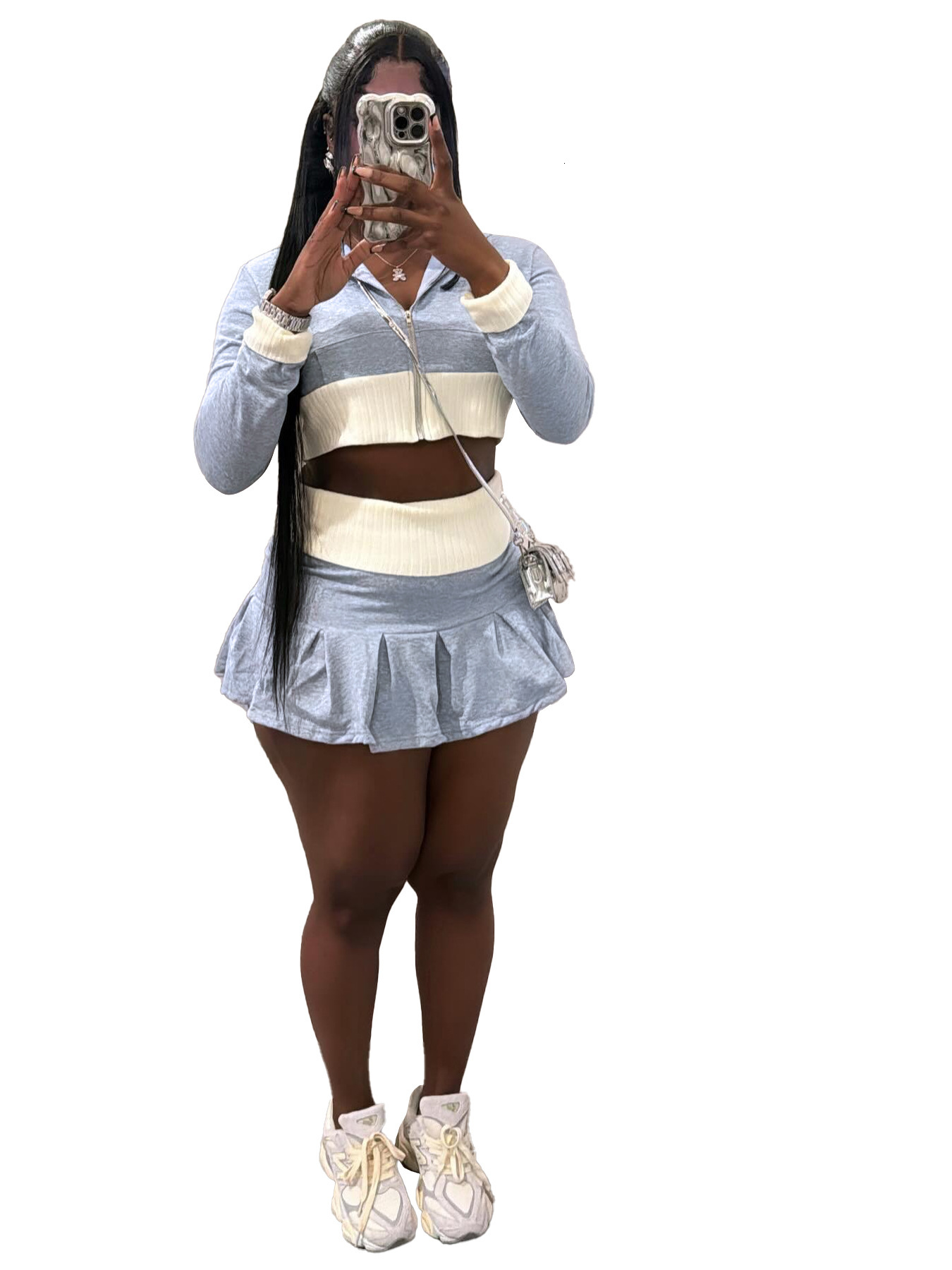 HR24023 Fashion Womens Color Contrast Panel Long sleeved Hooded Folded H-shaped Skirt Short Skirt Set of Two