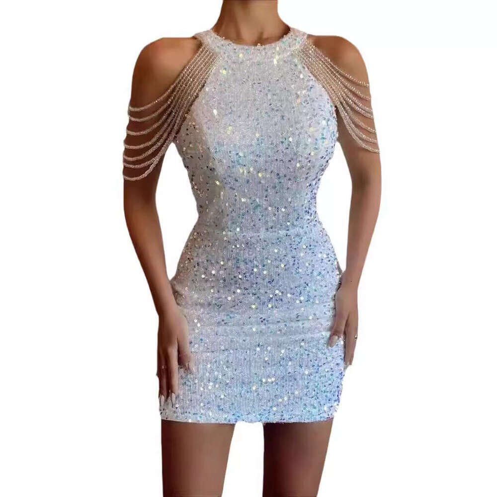 White Dress Maxi Dress 2025 Spring/Summer New Product Fashionable Hanging Neck Sexy Crystal Chain Embracing Hip Sparkling Mid Waist Evening Dress KQ