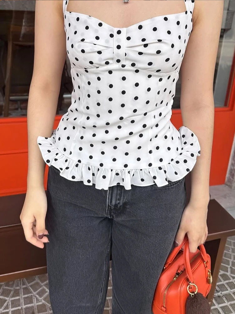 Nibber Polka Dot Print Tops Women Halter LowNeck Bandage Ruffles Backless Sleeveless Skinny Fashion Street Versatile Vest 250515