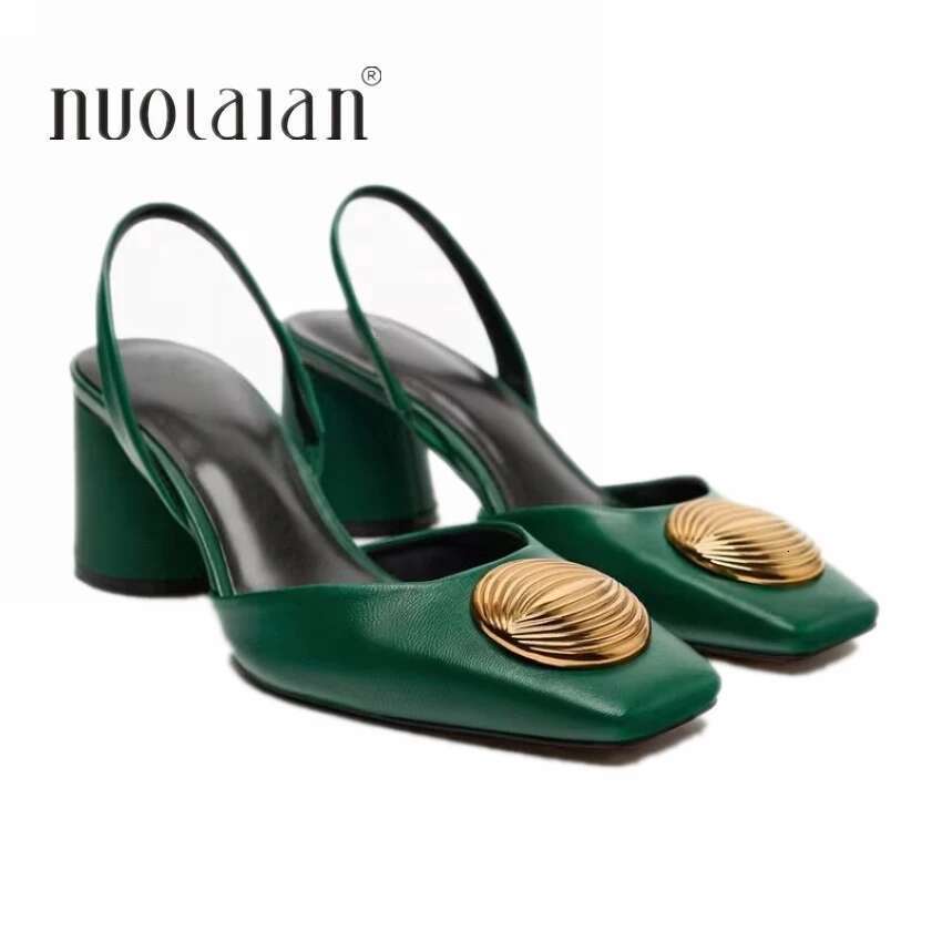 Green High For Women 2024 Fashion Squared Toe Leather Slingbacks Pumps Elegant Lady Heeled Shoes Autumn Heels