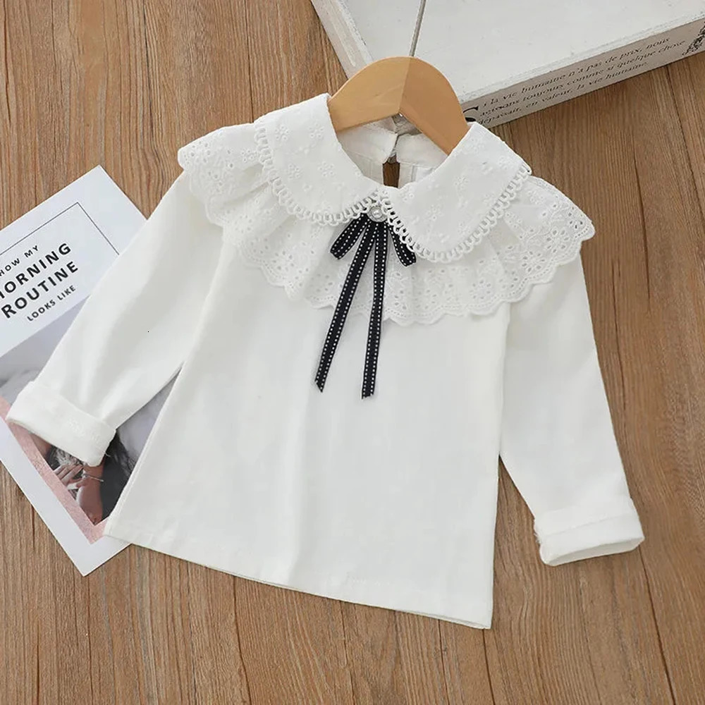 Bear Leader Girls Shirt Autumn Girls White Long Sleeve Lace Pearl Bow Sweet Shirt Childrens Cotton Casual Shirt 250515