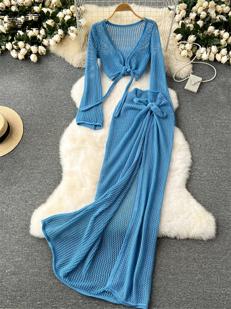 SINGREINY Vacation Two Piece Set Women Long Sleeve V Neck Short Top Adjustable Waist Split Skirt Knit Summer Beach Suit 250515