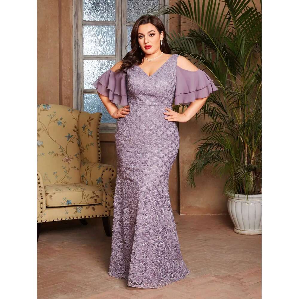 Mgiacy plus sizeV-neck romantic three-dimensional lace patchwork chiffon multi-layer off-the-shoulder sleeve fishtail slim dress