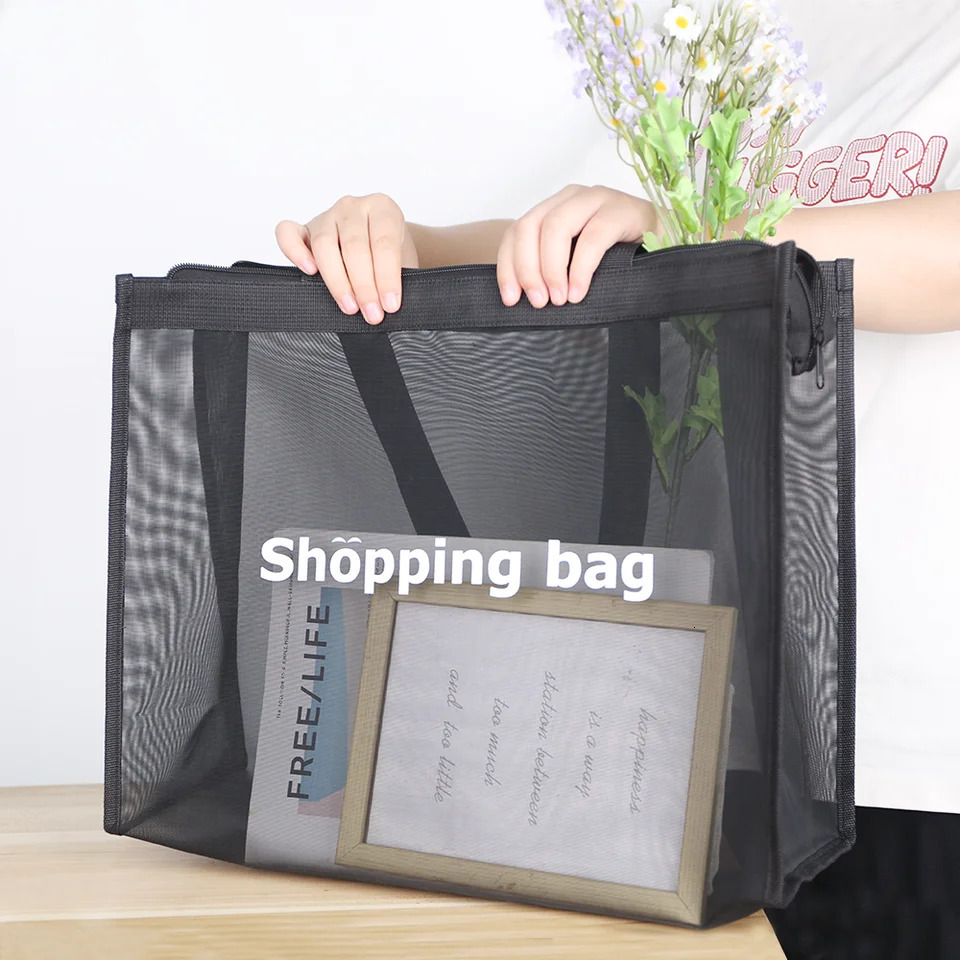 Extra Mesh Shopping Bag For Women Holiday Travel Beach Bags With Drawstring Shoulder Handbag Reusable Shopping Tote Bags 250515