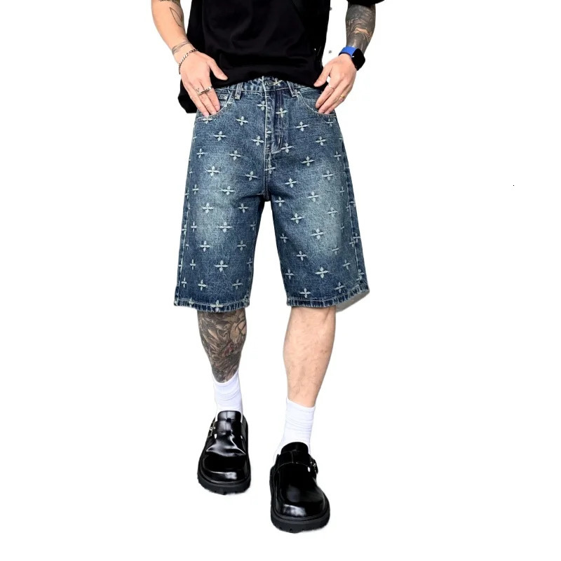 American Highquality Jacquard Denim Shorts Mens Summer High Street Loose Versatile Straightleg Casual Fivepoint Pants 250515